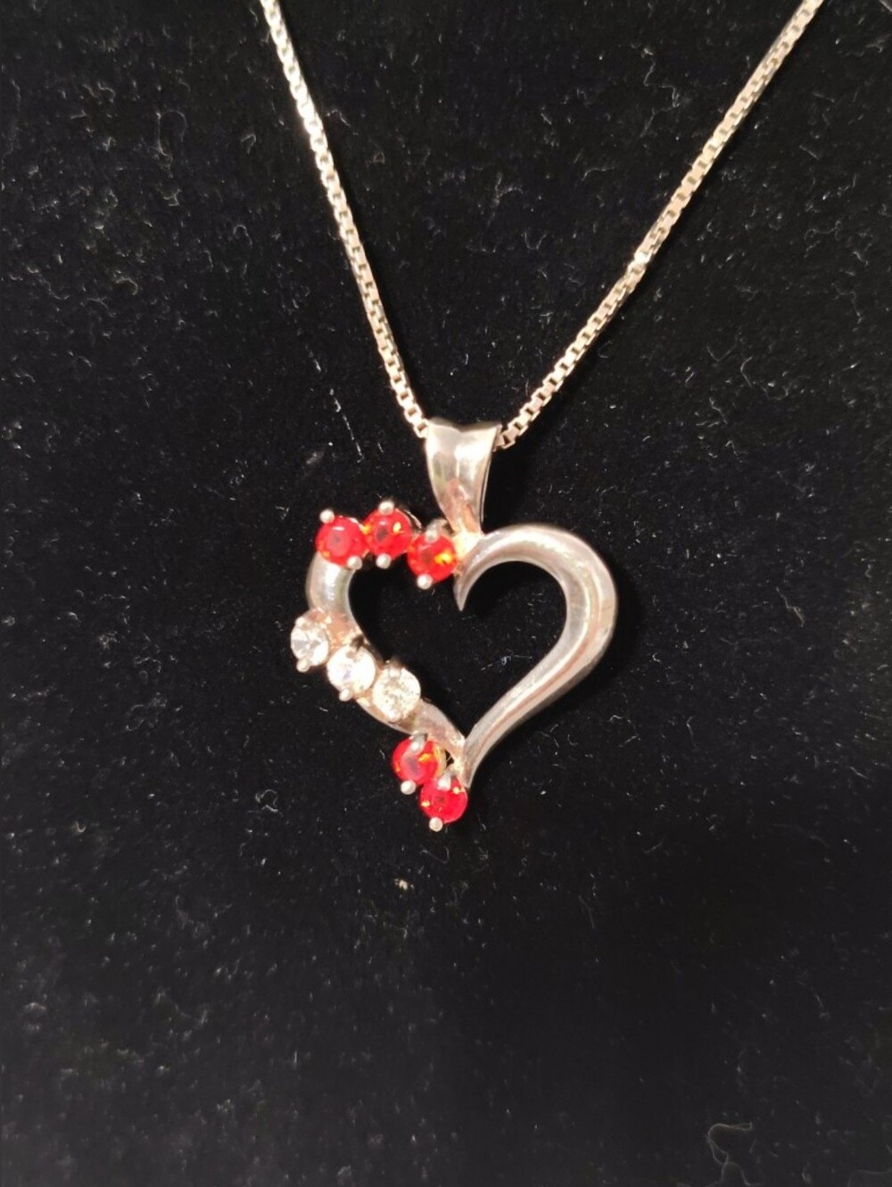 Open Heart Sterling Silver Necklace Ruby & White Crystals / CZ Pendant Chain 18"